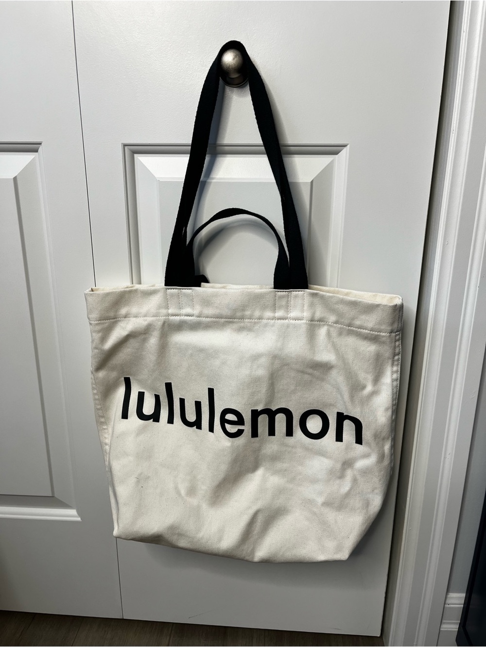 lululemon athletica Cream Canvas Tote with Black Logo and Handles